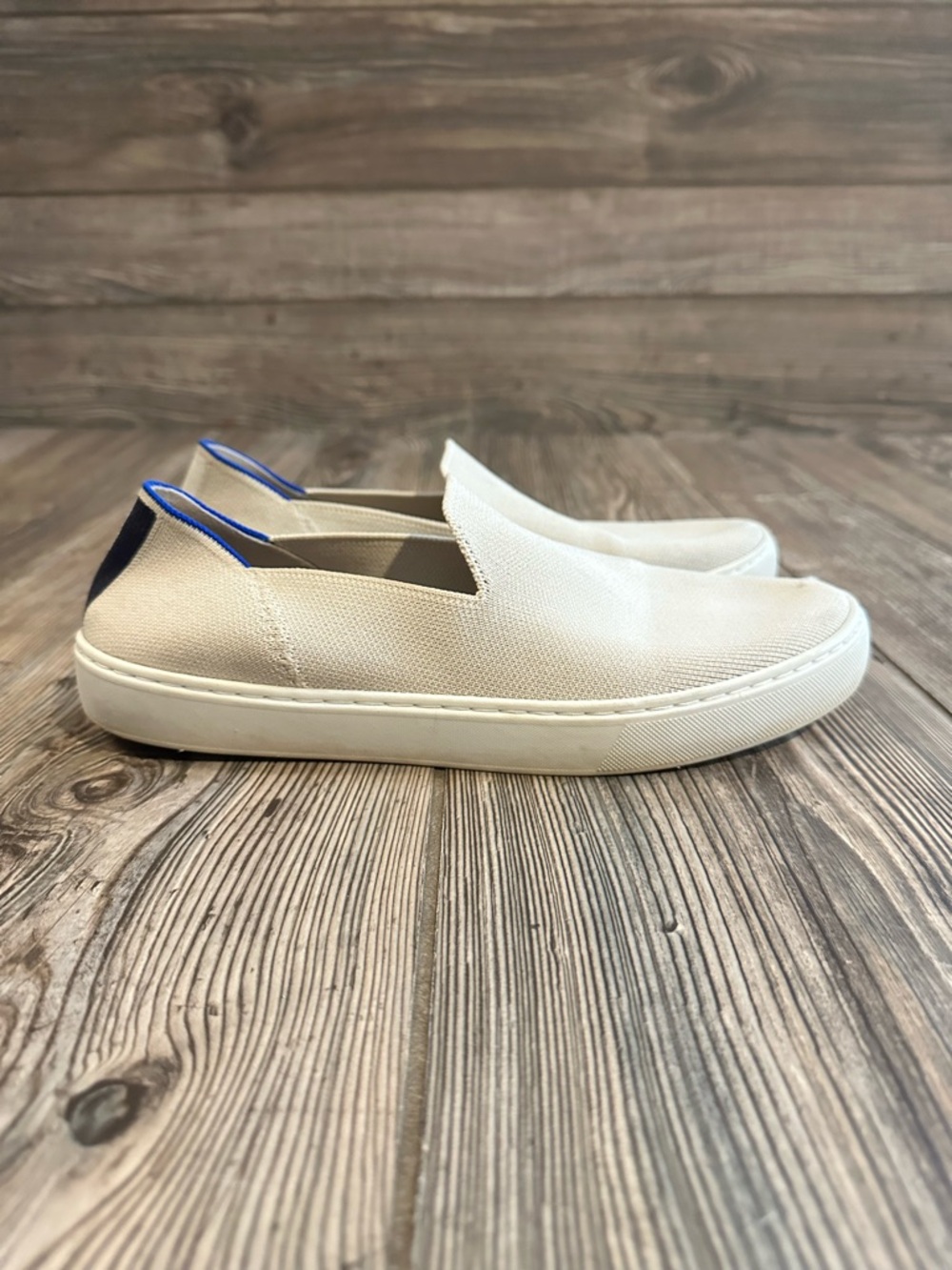 Rothy’s The Original Slip-On Sneakers in Sand Cream Tan with Blue Accent Women 9 - Picture 2 of 14